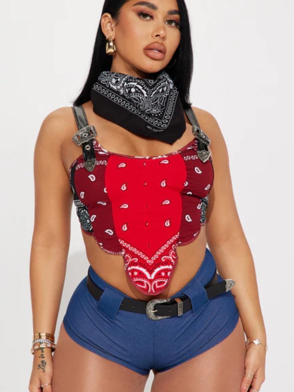 Fashion Nova Red and Black Bandana Crop Top with Black Bandana Scarf
